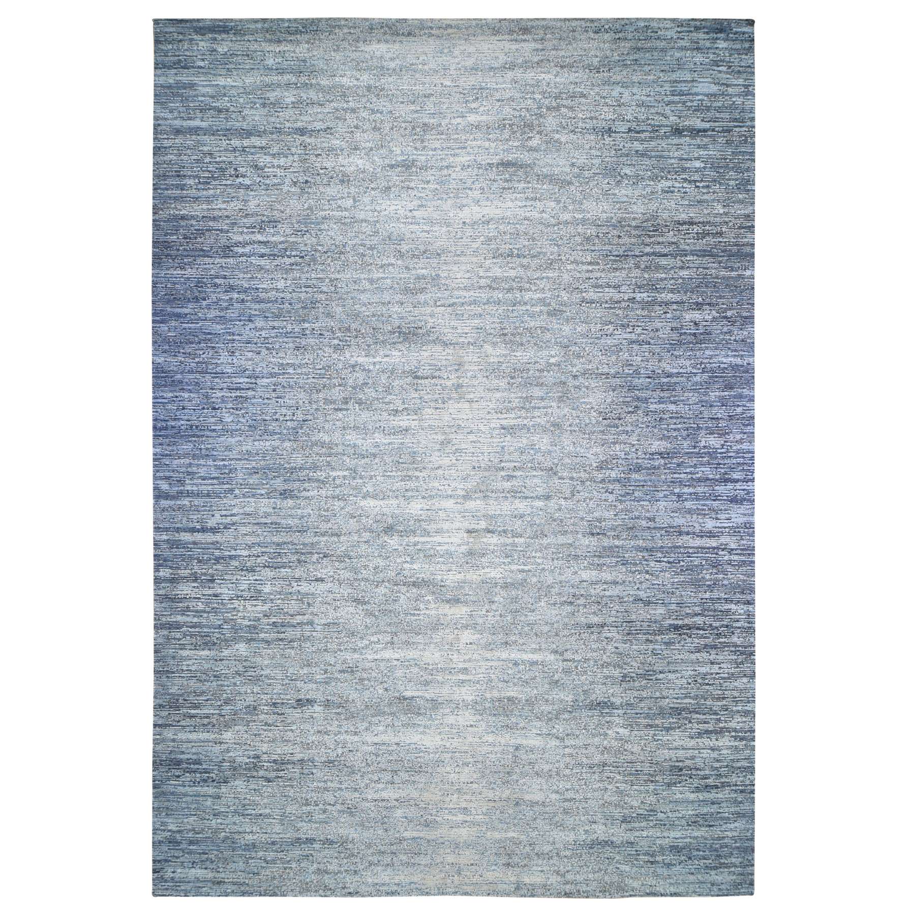 12'x18' Blue Oceanic Wool and Pure Silk Horizontal Ombre Design Hand Knotted Oriental Oversized Rug 